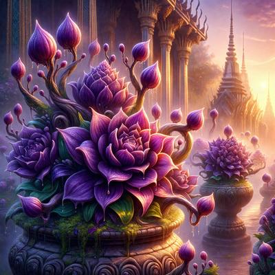 The primary subject of the image is a large, purple flower in a vase. The setting is a garden, with a path leading to a building in the background. The visual style is a digital art, creating a surreal and whimsical atmosphere. The dominant colors are purple and pink, giving the scene a dreamy and enchanting mood.